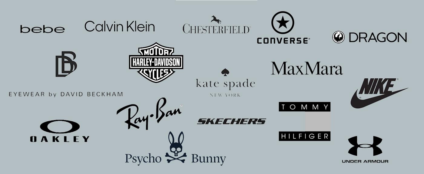 Brand logos including Bebe, Nike, Converse, Calvin Klein, Tommy Hilfiger, Under Armor, Chesterfield, Kate Spade, Harley Davidson, Skechers, Max Mara, Oakley, Ray-Ban, David Beckham, Dragon, Psycho Bunny