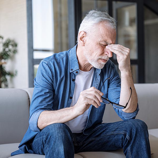 Tired mature man holding glasses and touching nose bridge, feeling eye strain or headache. Male suffering from poor eyesight. Sitting at home on couch.